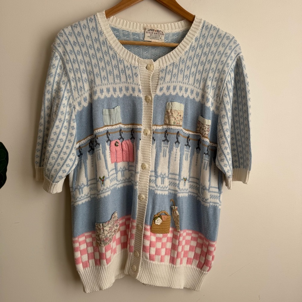 Susan Bristol Vintage Blue and Pink Button-Up Cardigan Cotton Blend